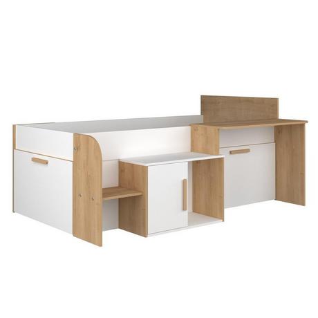 Vente-unique Lit combiné 90 x 200 cm avec bureau et rangements - Coloris : Blanc et naturel - PEDRO  