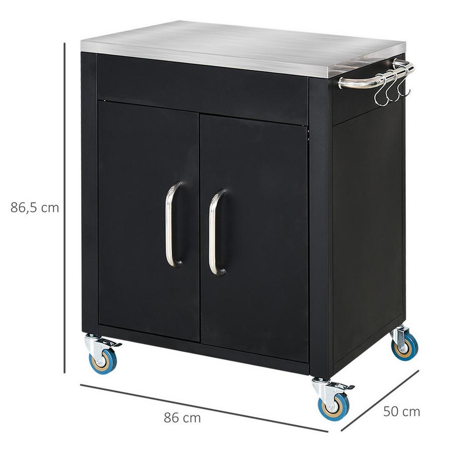 Northio Küchenwagen Mit Rollen Servierwagen Mit Schrank, Haken, Edelstahlgriffe, Schwarz, 86X50X86,5Cm  