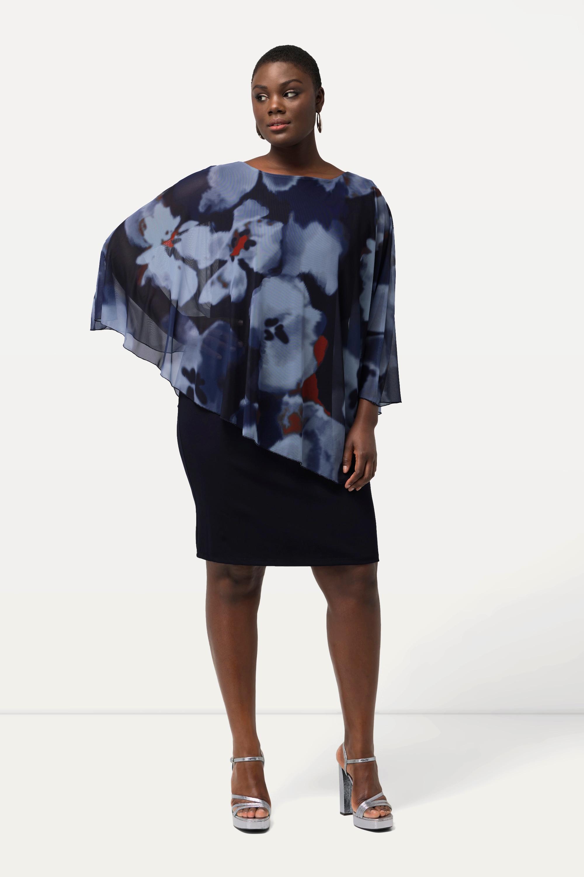 Ulla Popken Robe à fleurs Col rond Effet de superposition Manches 3/4  