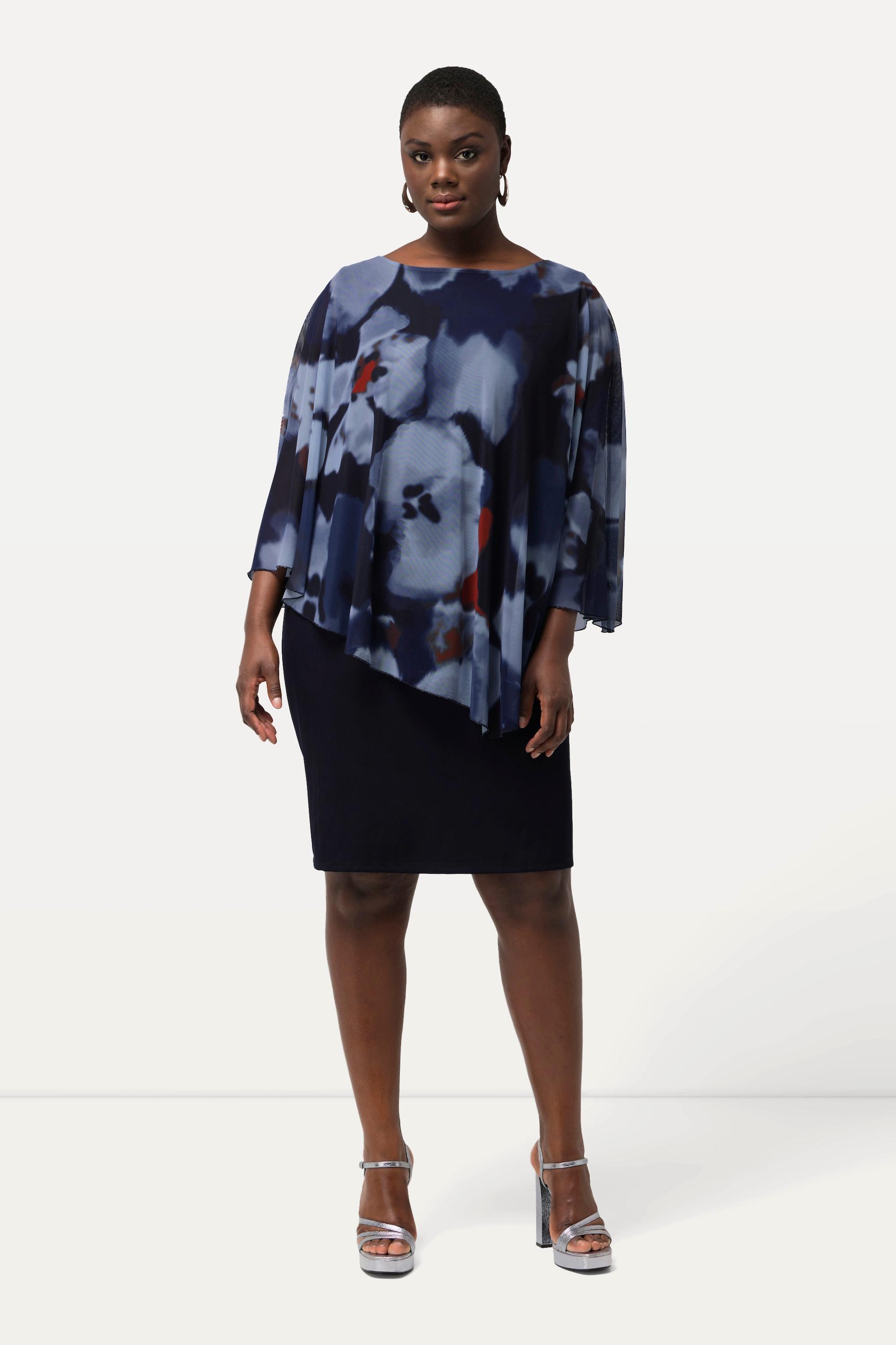 Ulla Popken Robe à fleurs Col rond Effet de superposition Manches 3/4  