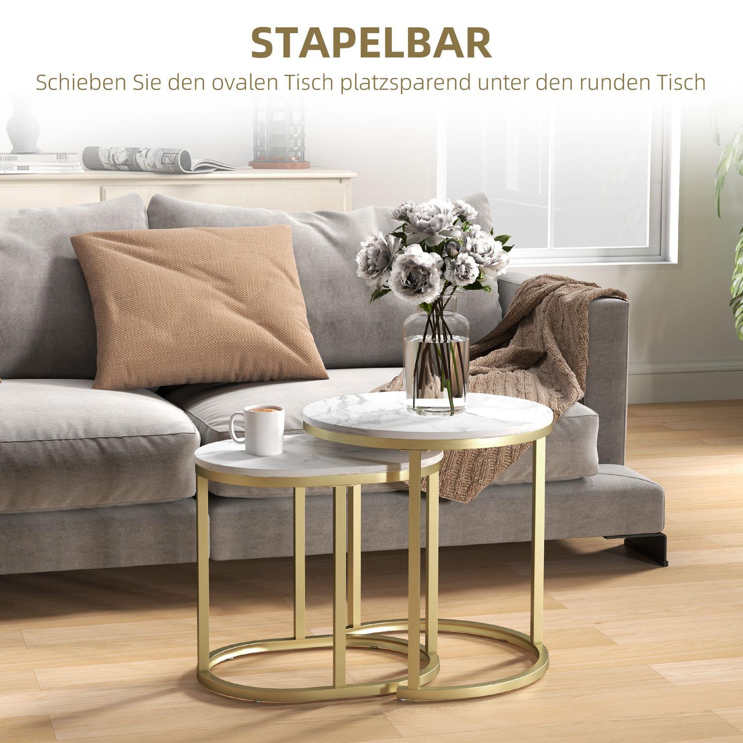 Northio Table basse ronde, ensemble de 2 tables d'appoint empilables avec cadre en acier, table de salon, table basse pour salon, chambre à coucher, blanc  