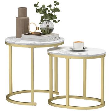 Table basse ronde, ensemble de 2 tables d'appoint empilables avec cadre en acier, table de salon, table basse pour salon, chambre à coucher, blanc