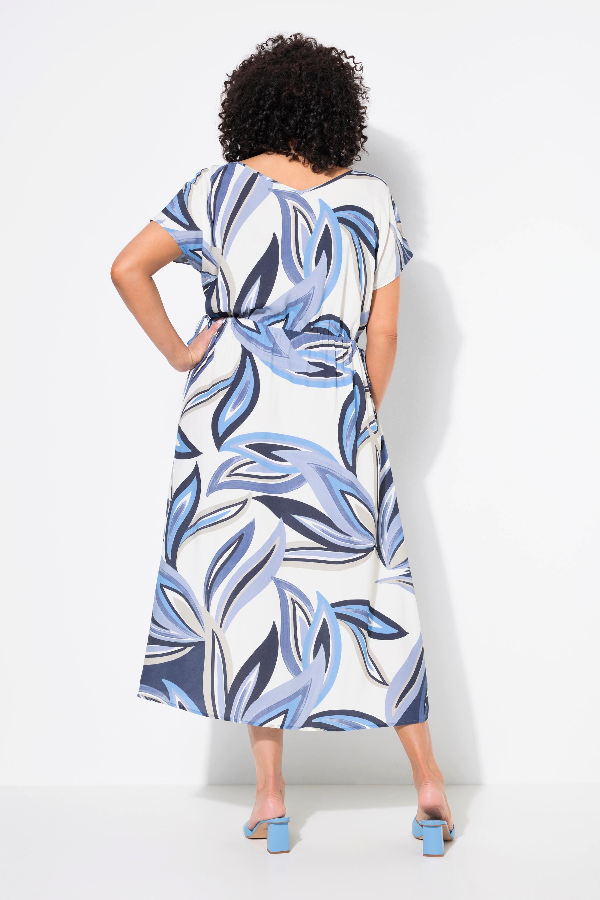 Ulla Popken Maxi Abito Stampa Foglie Coulisse Scollo a V Maniche Corte  