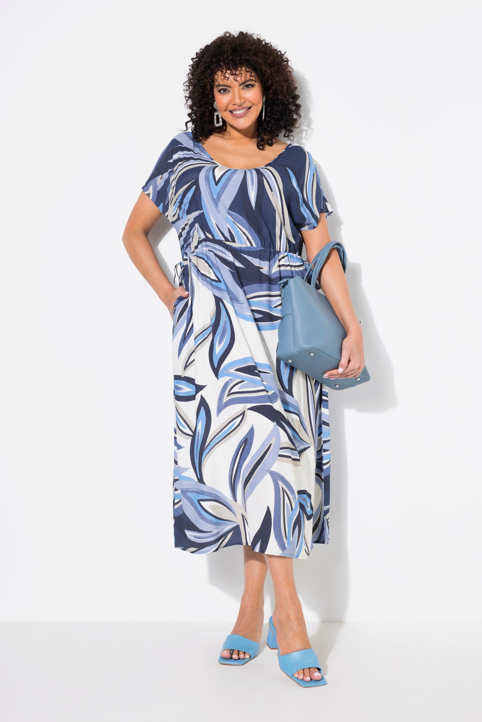 Ulla Popken Maxi Abito Stampa Foglie Coulisse Scollo a V Maniche Corte  