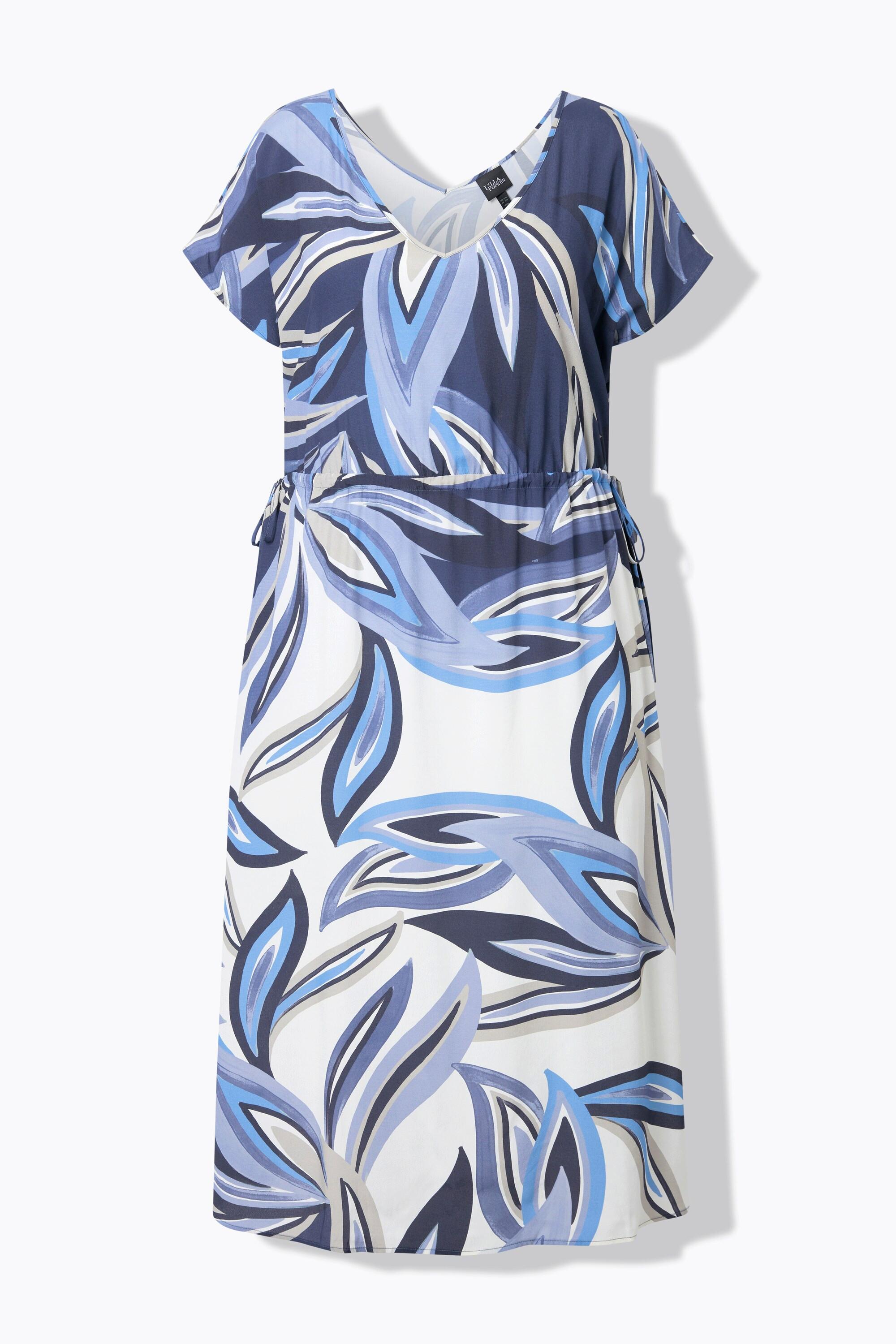 Ulla Popken Maxi Abito Stampa Foglie Coulisse Scollo a V Maniche Corte  