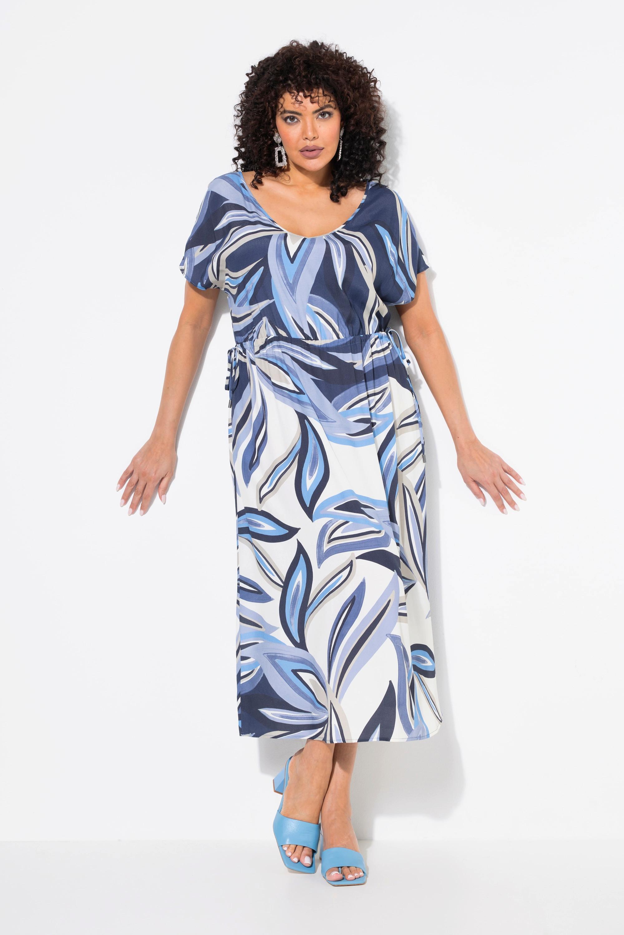 Ulla Popken Maxi Abito Stampa Foglie Coulisse Scollo a V Maniche Corte  