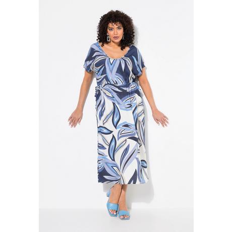 Ulla Popken Maxi Abito Stampa Foglie Coulisse Scollo a V Maniche Corte  