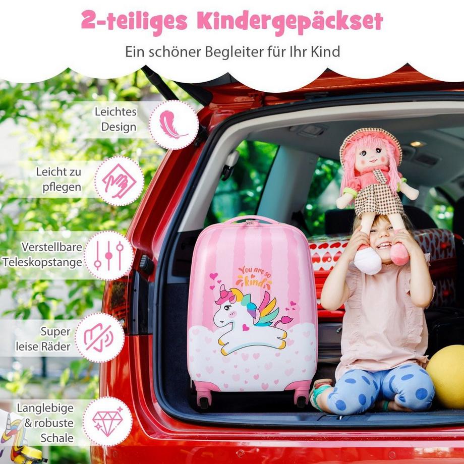 Northix  Kofferset 2 tlg Einhorn 16'' Kinderkoffer + 12'' Rucksack Rosa 