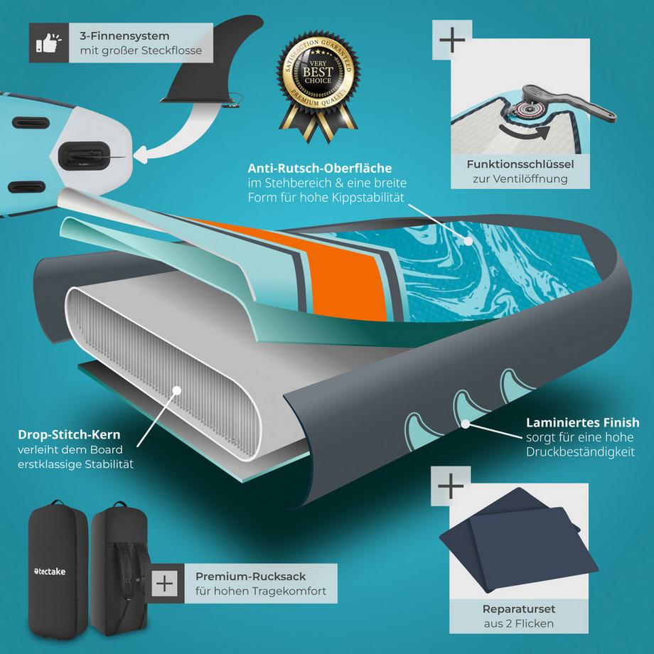 Tectake  Stand-Up Paddle Board  2in1, aus Drop-Stitch Material aufblasbar, stabil, leicht und rutschfest 