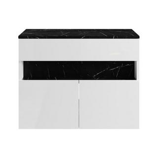 Vente-unique Waschbeckenunterschrank hängend mit Aufsatzplatte - mit LED-Beleuchtung - Weiß & Schwarz - Marmor-Optik - 80 cm - POZEGA  