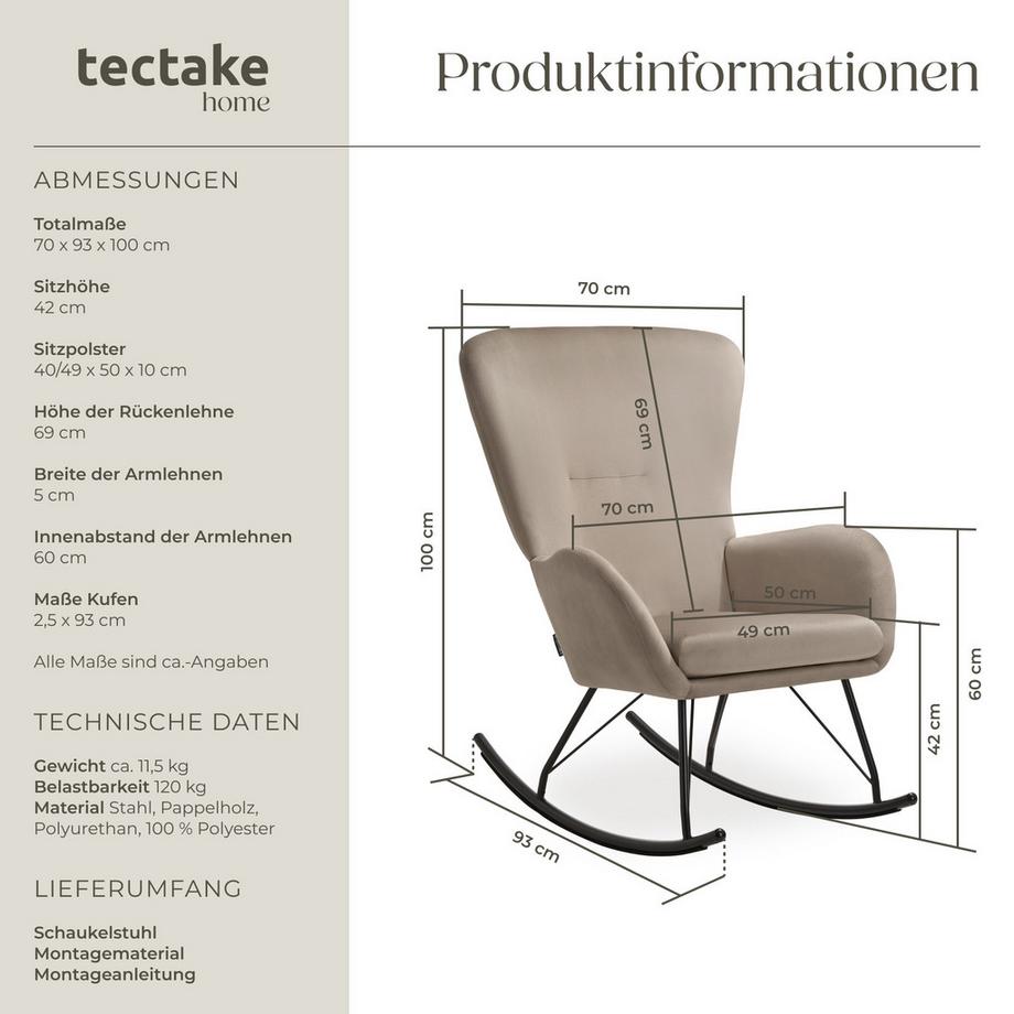 Tectake Schaukelstuhl   Swing dicke Polsterung, mit Samt-Bezug große Rückenlehne, abnehmbares Sitzpolster  
