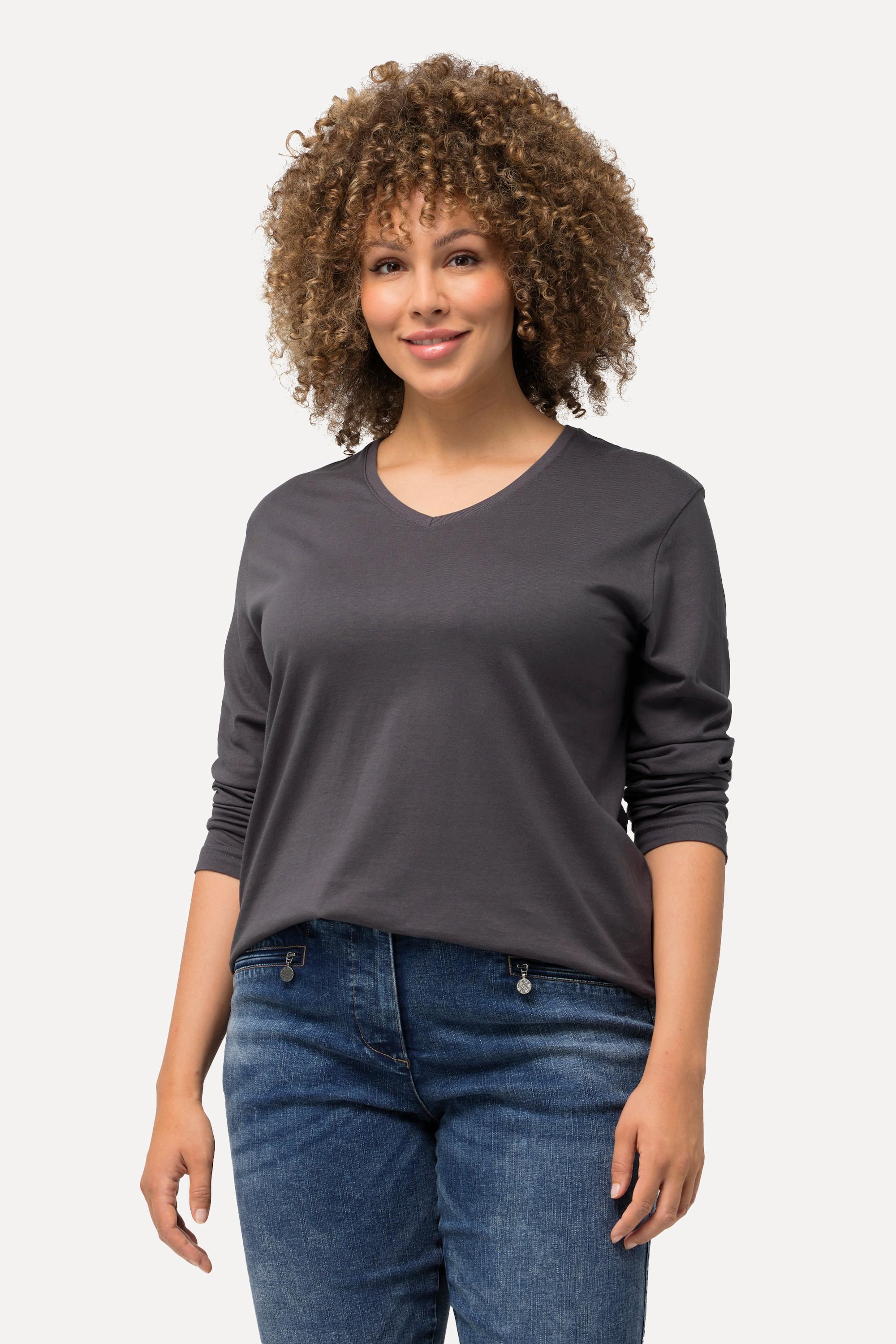 Ulla Popken  T-shirt coupe Relaxed Fit, col en V et manches longues 