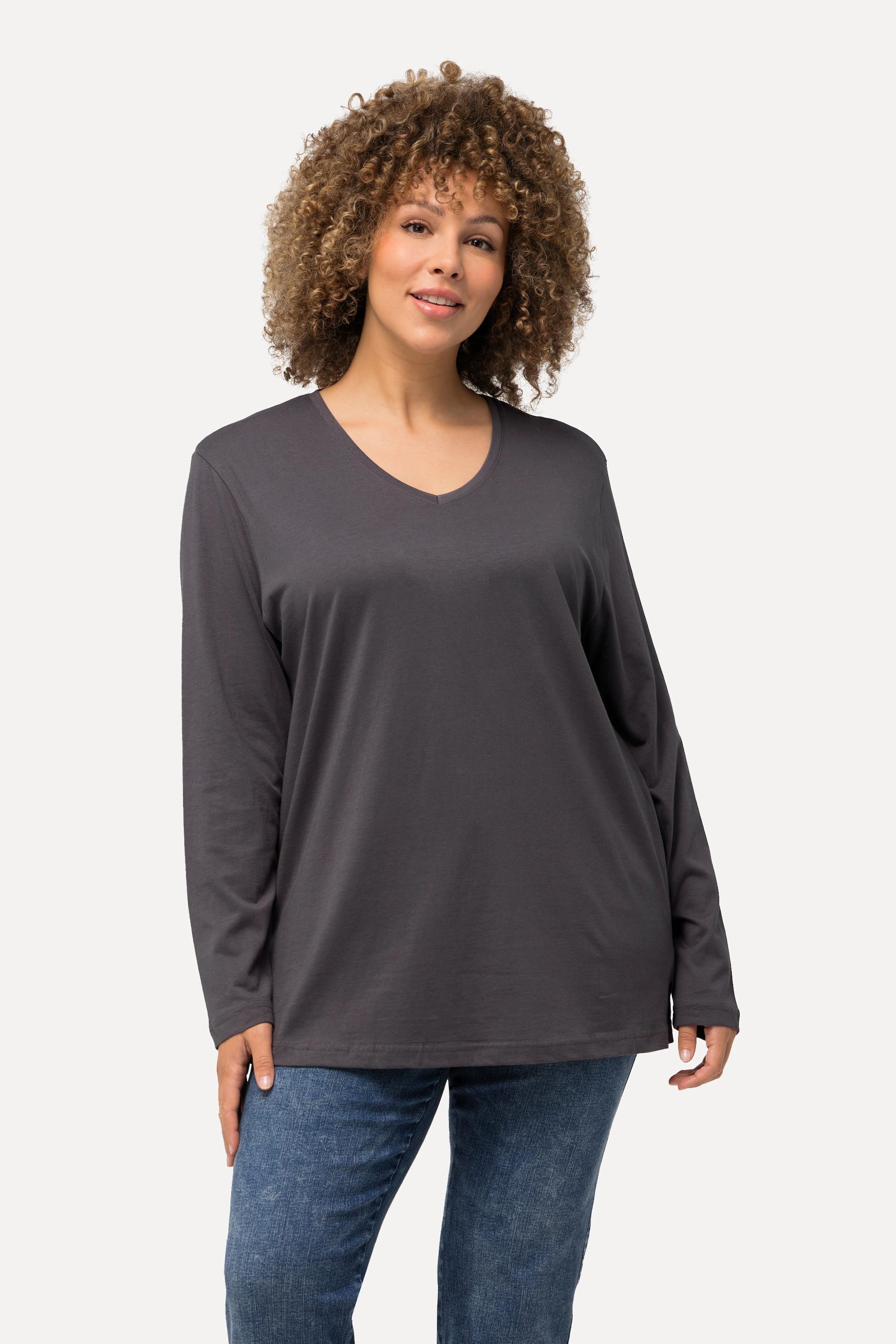 Ulla Popken  T-shirt coupe Relaxed Fit, col en V et manches longues 