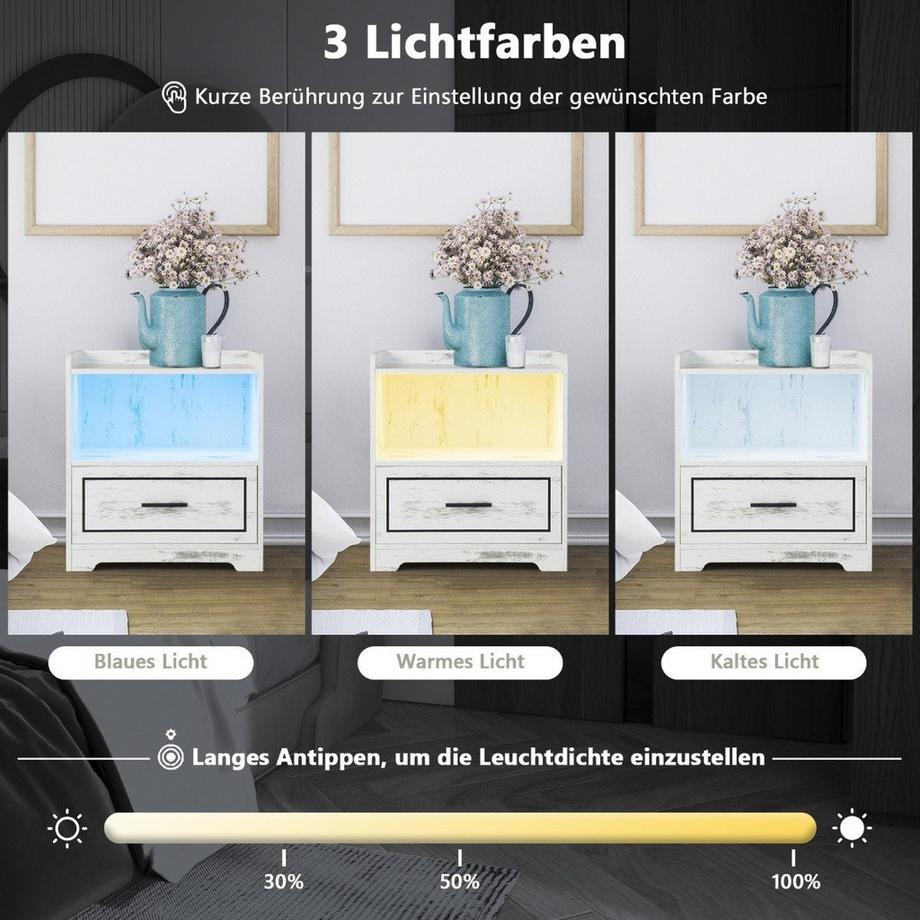 Northix Table de chevet LED Table de nuit intelligente avec 2 ports USB Blanc  