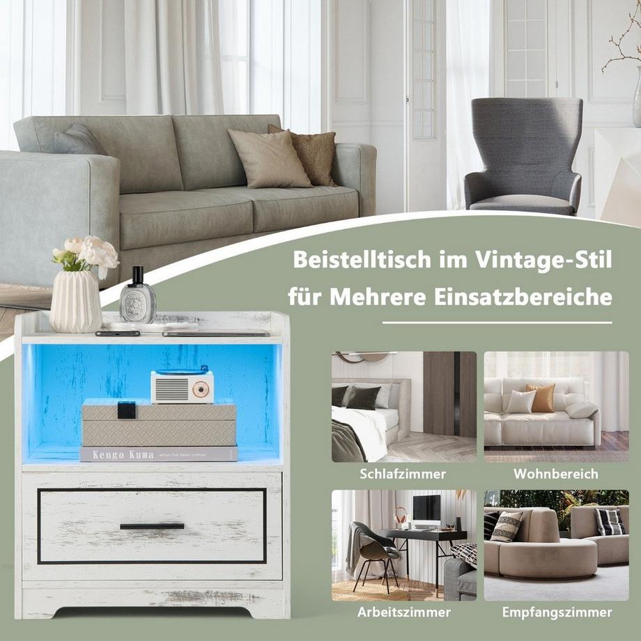 Northix Table de chevet LED Table de nuit intelligente avec 2 ports USB Blanc  