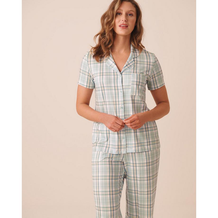 Chemisier manches courtes ultra doux carreaux bleus