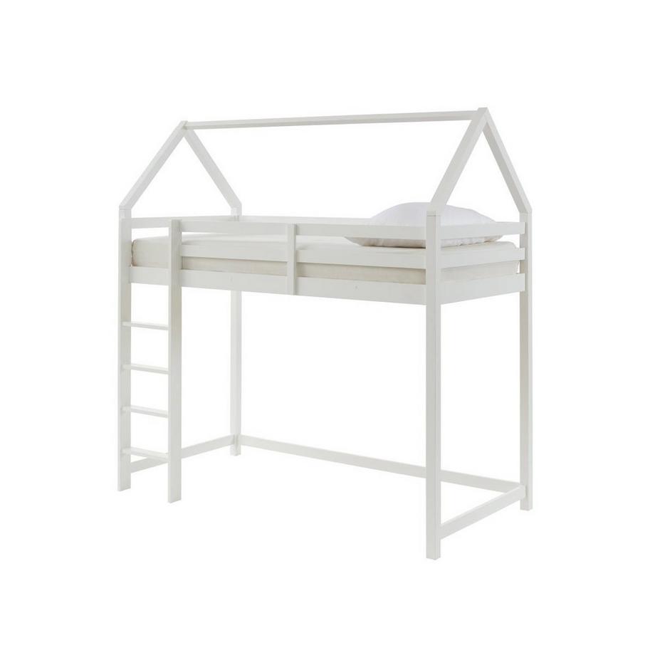 Vente-unique Lit mezzanine cabane 90 x 190 cm - Pin - Blanc + Matelas - TARZIA  