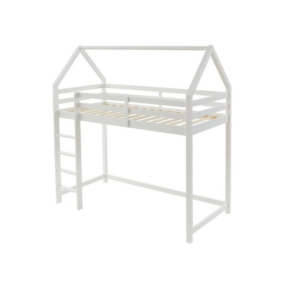 Vente-unique Lit mezzanine cabane 90 x 190 cm - Pin - Blanc + Matelas - TARZIA  