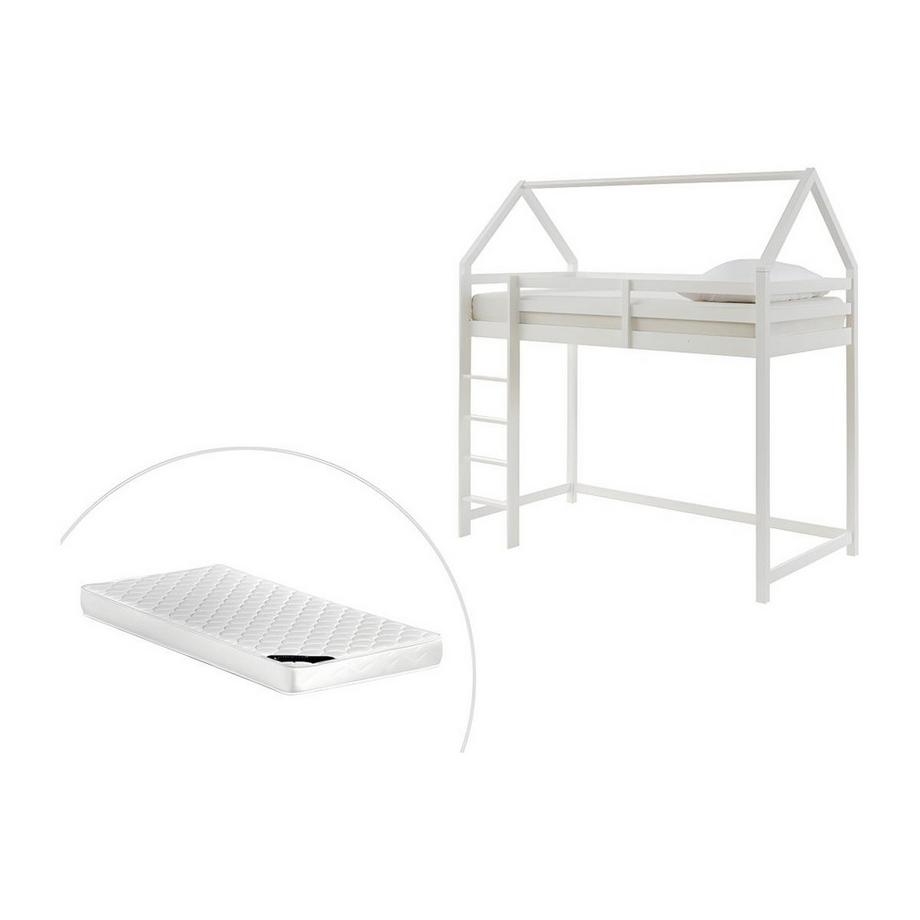 Lit mezzanine cabane 90 x 190 cm - Pin - Blanc + Matelas - TARZIA