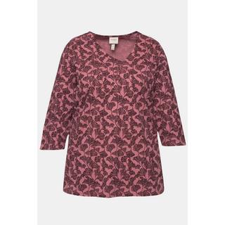 Ulla Popken  T-shirt col en V et manches 3/4, coton bio, passepoils 