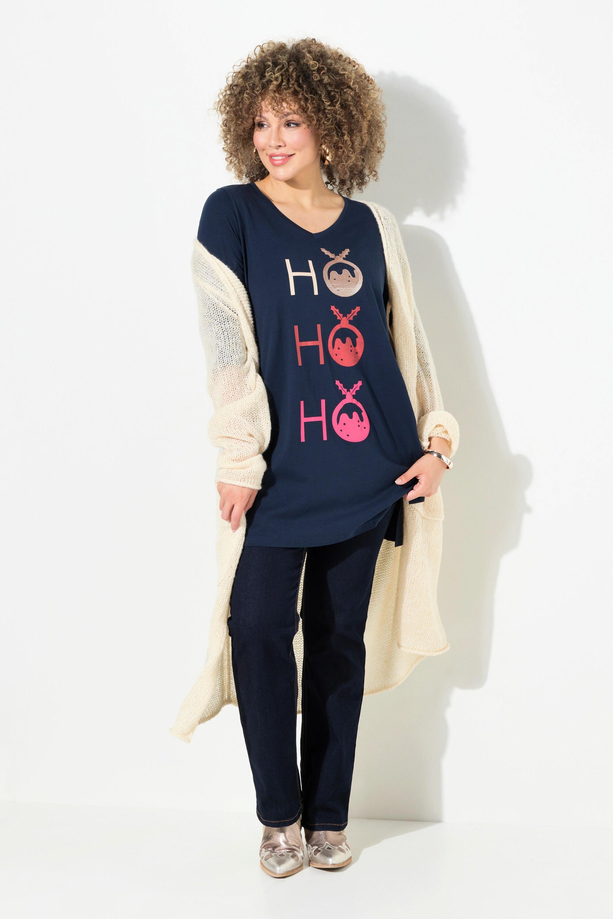 Ulla Popken  T-shirt long, ligne en A avec col en V et manches 3/4, motif Ho Ho Ho 