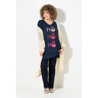 Ulla Popken  T-shirt long, ligne en A avec col en V et manches 3/4, motif Ho Ho Ho 