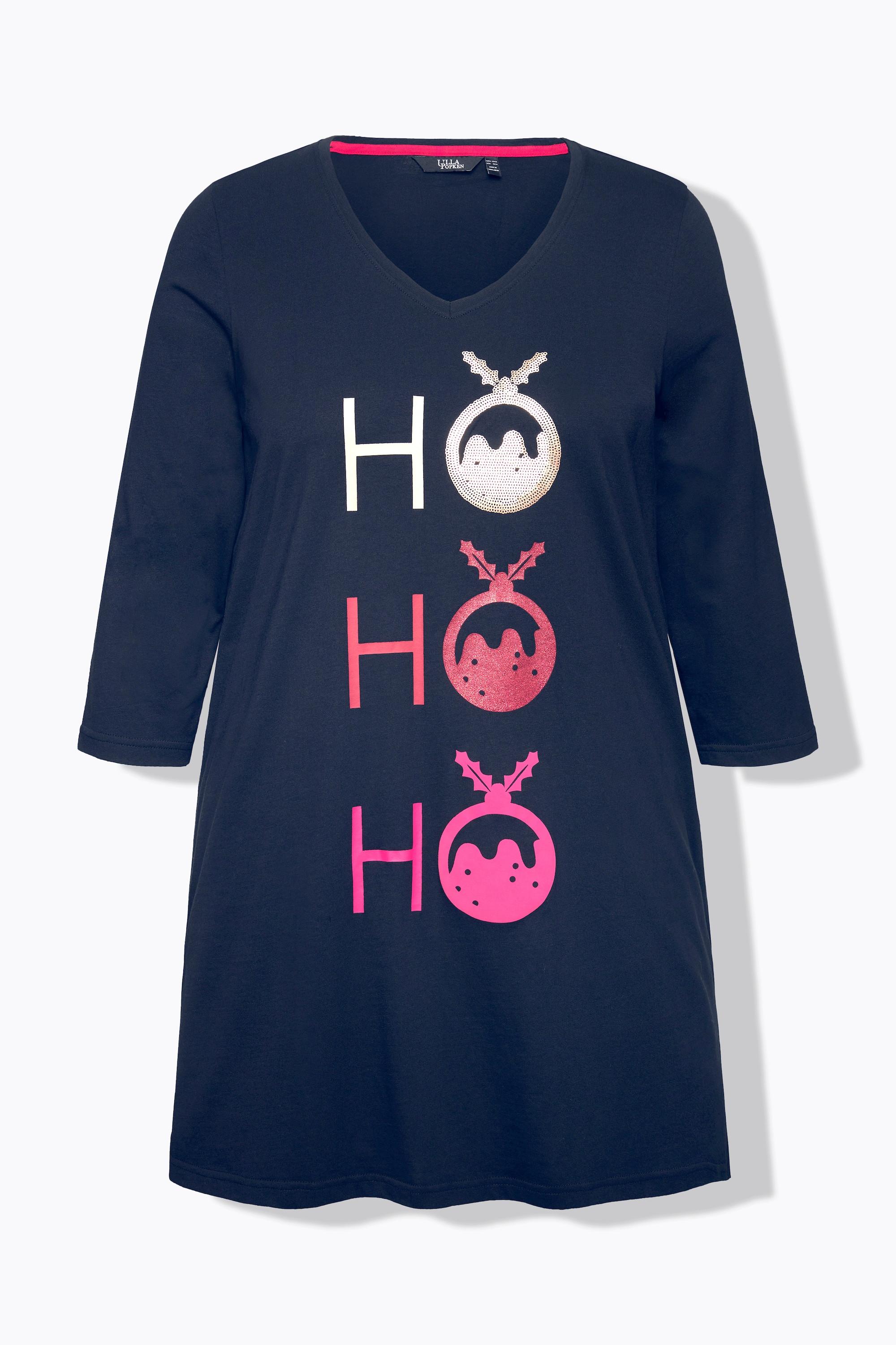 Ulla Popken  T-shirt long, ligne en A avec col en V et manches 3/4, motif Ho Ho Ho 