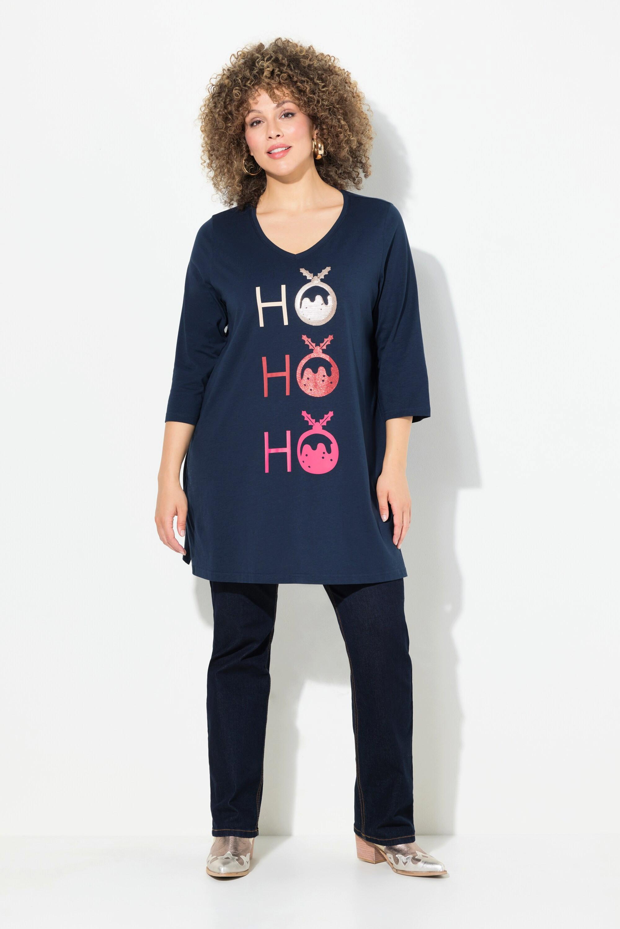 Ulla Popken  T-shirt long, ligne en A avec col en V et manches 3/4, motif Ho Ho Ho 