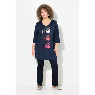 Ulla Popken  T-shirt long, ligne en A avec col en V et manches 3/4, motif Ho Ho Ho 