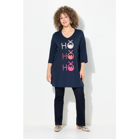 Ulla Popken  T-shirt long, ligne en A avec col en V et manches 3/4, motif Ho Ho Ho 