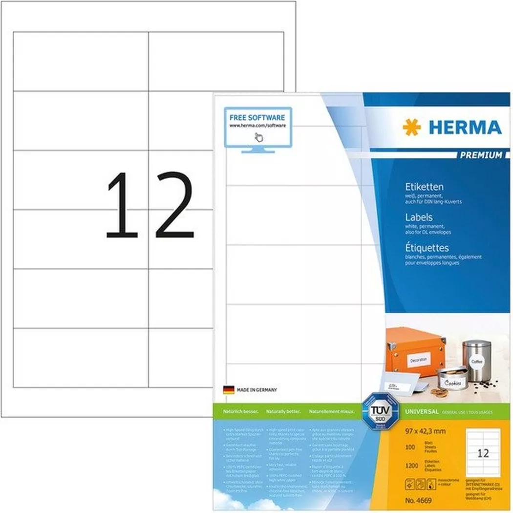 HERMA – Universal-Etiketten 97×42,3mm 4669 weiss 1200 St./100 Blatt, One Size