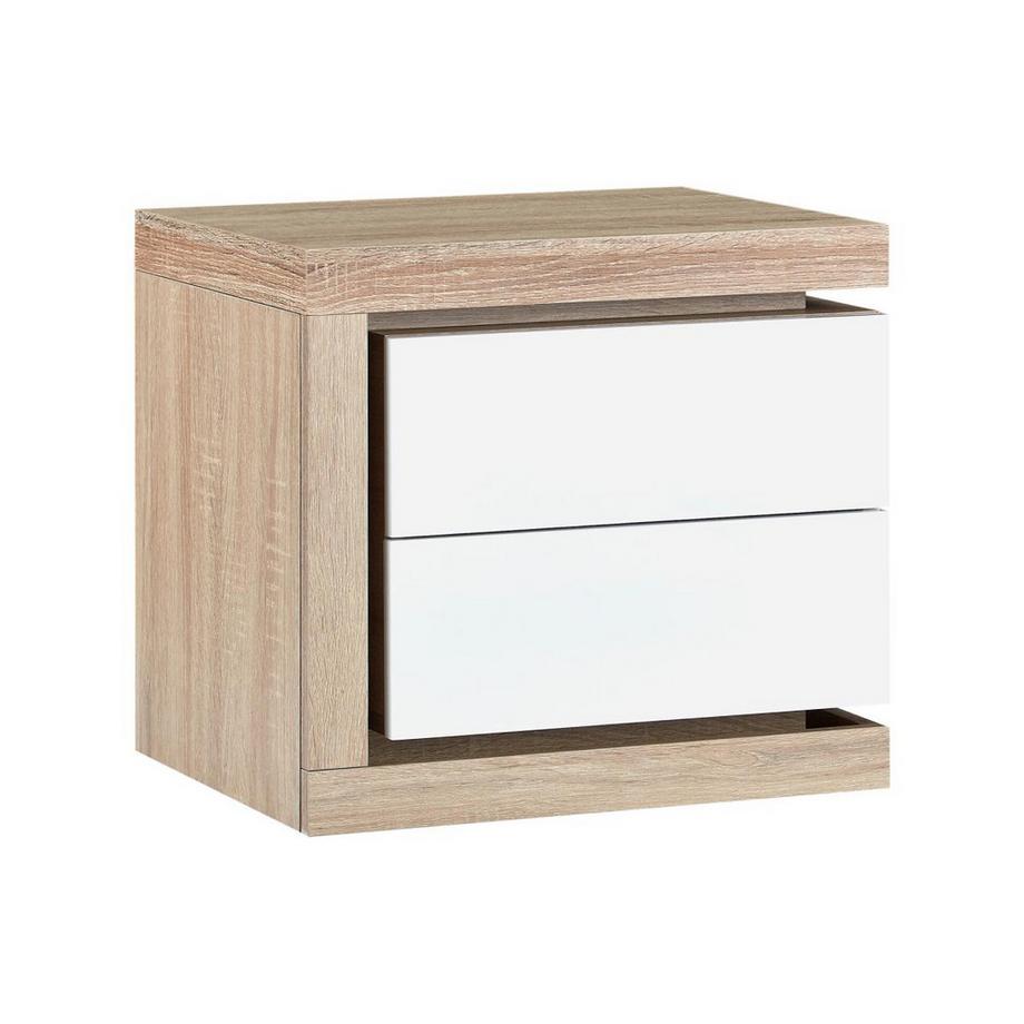 Table de chevet côté gauche avec 2 tiroirs - Avec LEDs - Blanc laqué et naturel - FLARANCIA