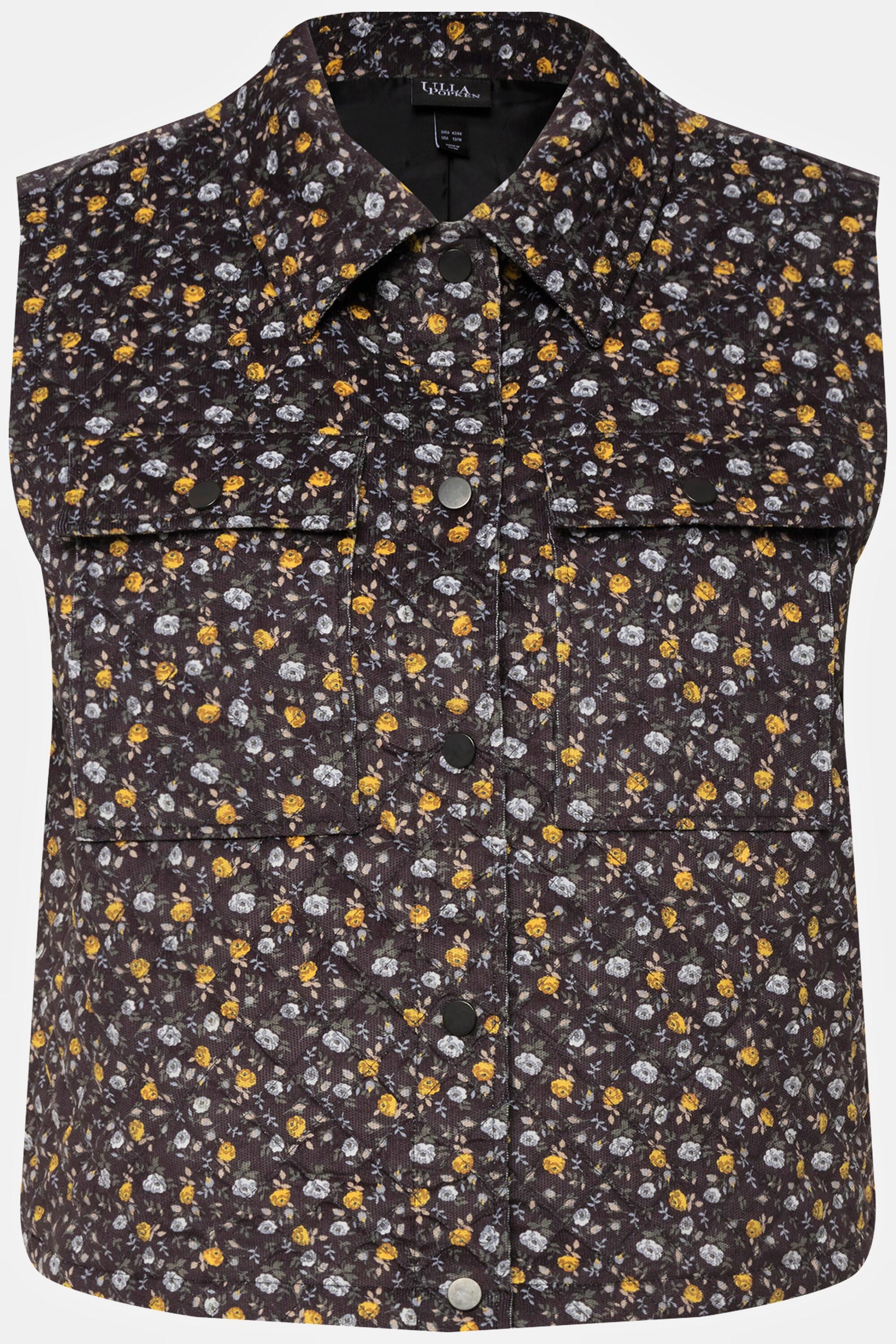 Ulla Popken  Gilet matelassé en velours côtelé, motif fleurs et col chemise 