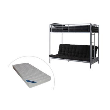 Hochbett mit Schlafsofa + Futonmatratze + Matratze - 90 x 190 cm - Metall - Silberfarben & Schwarz - MODULO IV