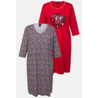 Ulla Popken  Lot de 2 T-shirts de nuit à manches 3/4 et col rond, motif pied-de-poule 