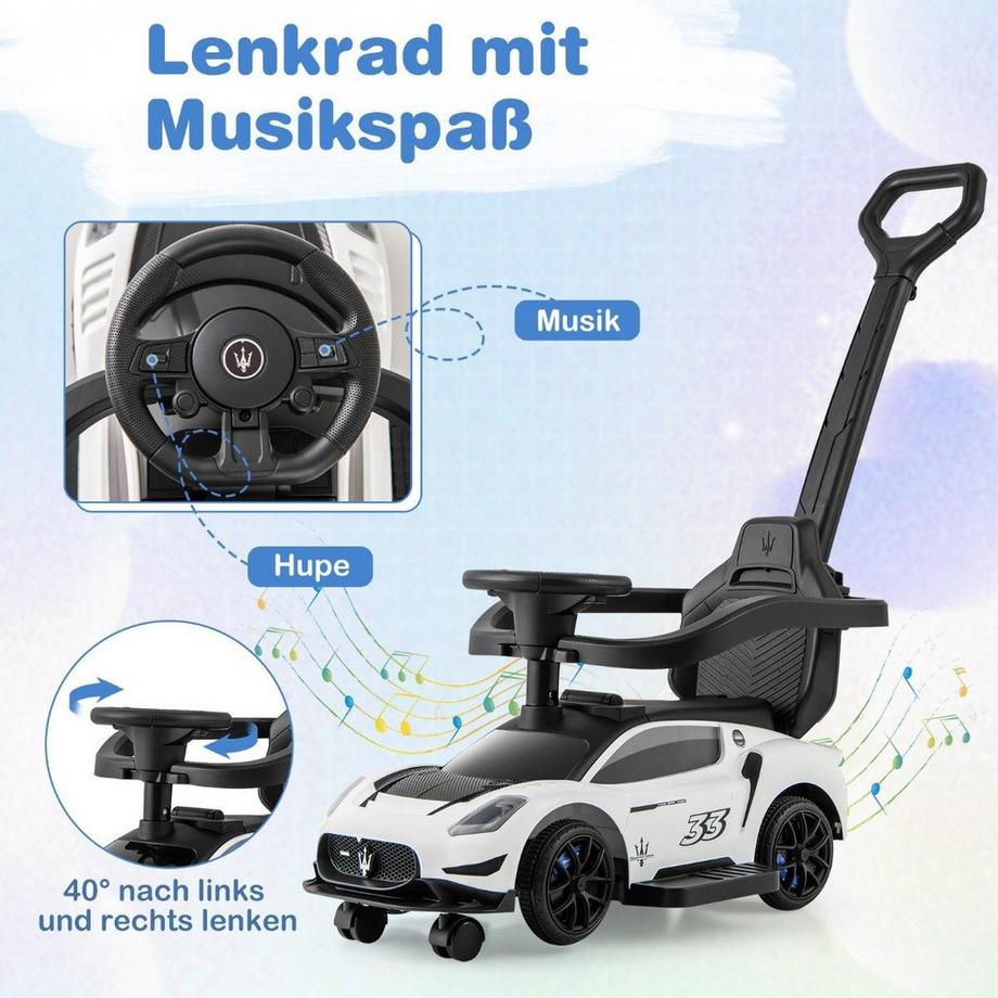 Northix  Mazerati Rutschauto Rutscherfahrzeug mit Schutzbügel & Schiebestange Weiß 