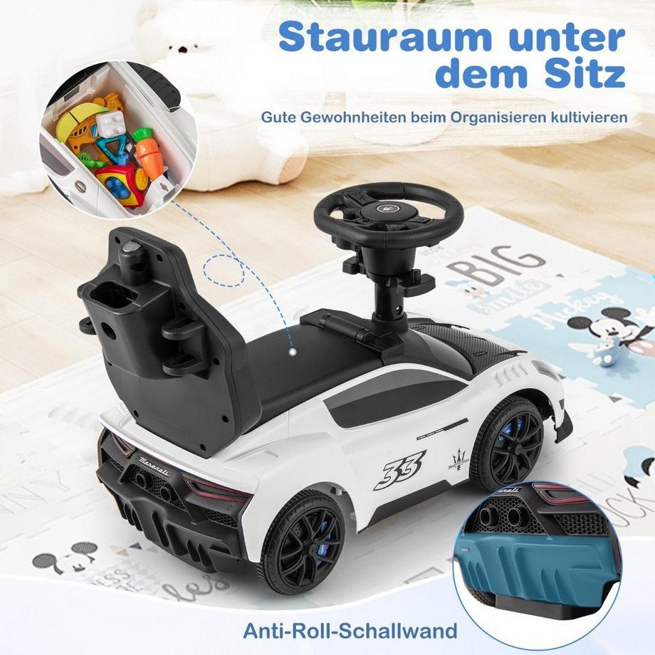 Northix  Mazerati Rutschauto Rutscherfahrzeug mit Schutzbügel & Schiebestange Weiß 