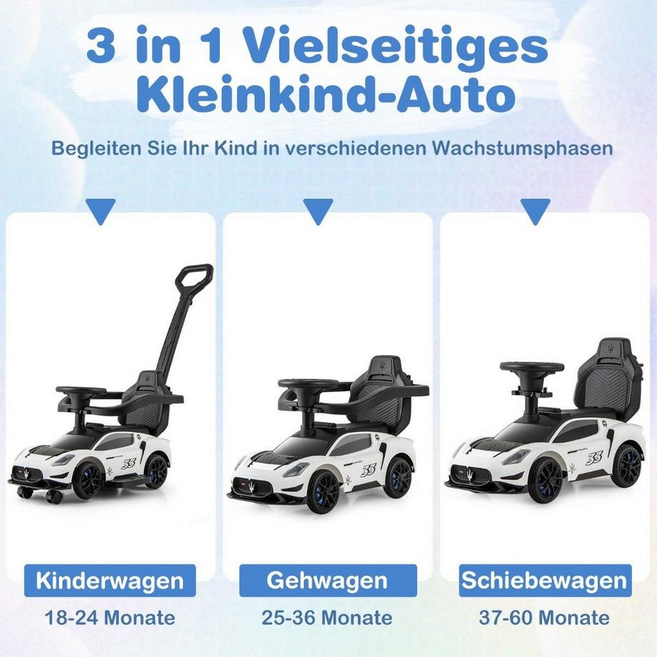 Northix  Mazerati Rutschauto Rutscherfahrzeug mit Schutzbügel & Schiebestange Weiß 