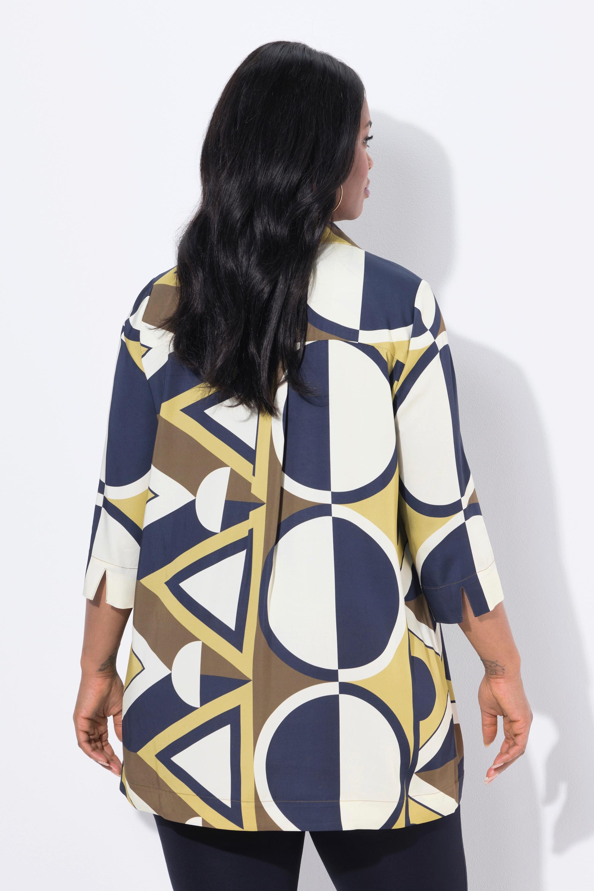 Ulla Popken Tunica Raso Stampa Grafica Collo Camicia Maniche 3/4  