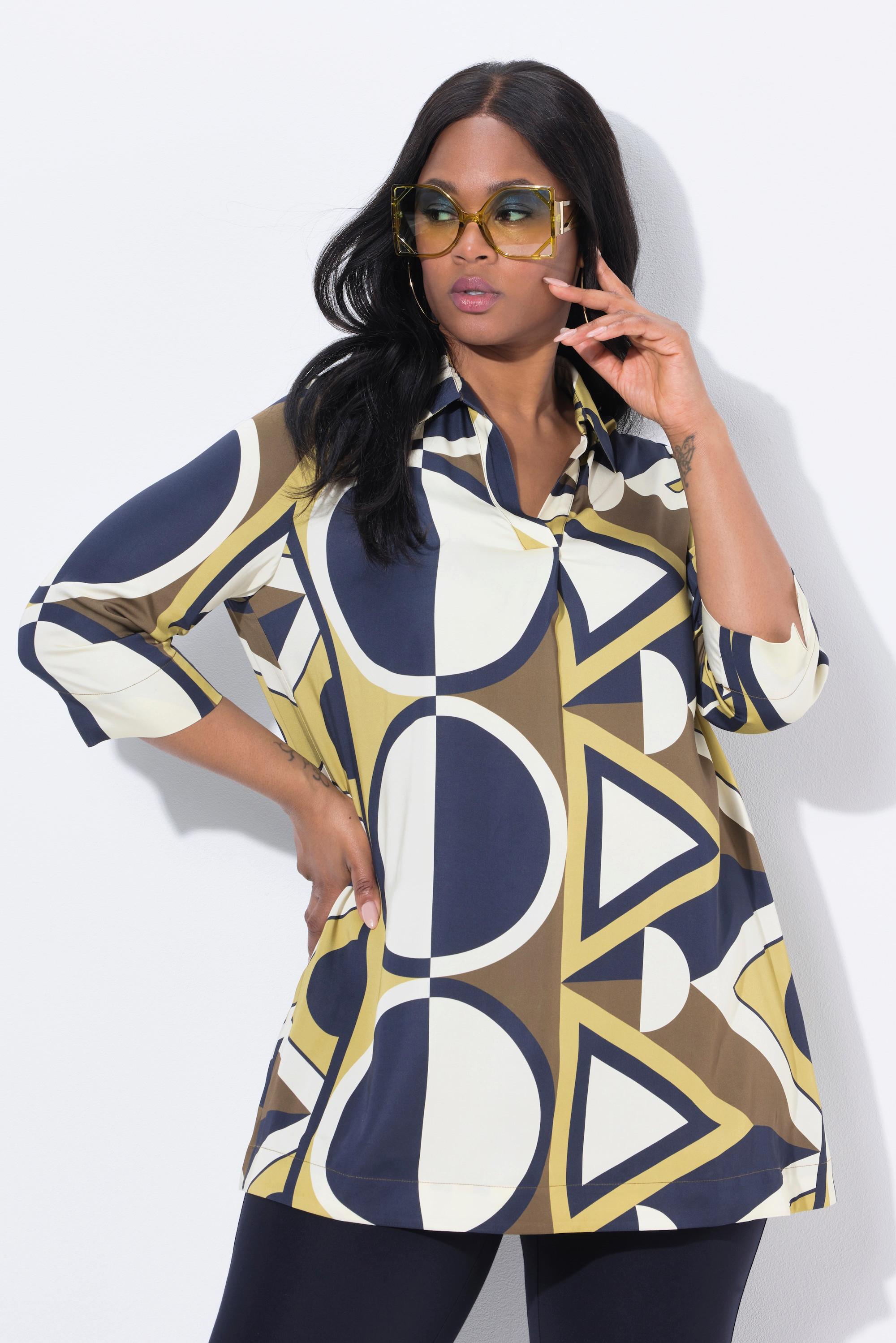 Ulla Popken Tunica Raso Stampa Grafica Collo Camicia Maniche 3/4  