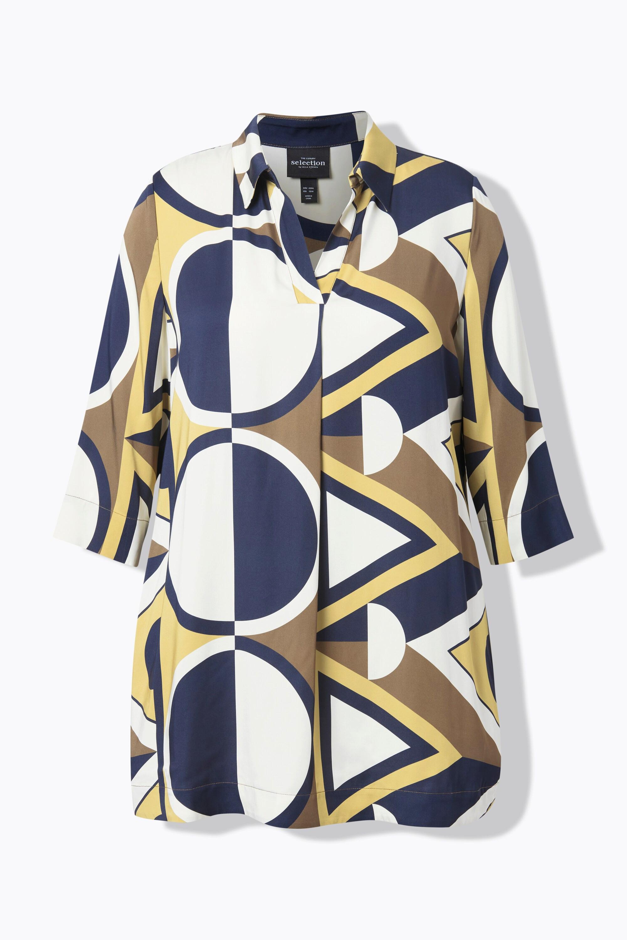 Ulla Popken Tunica Raso Stampa Grafica Collo Camicia Maniche 3/4  