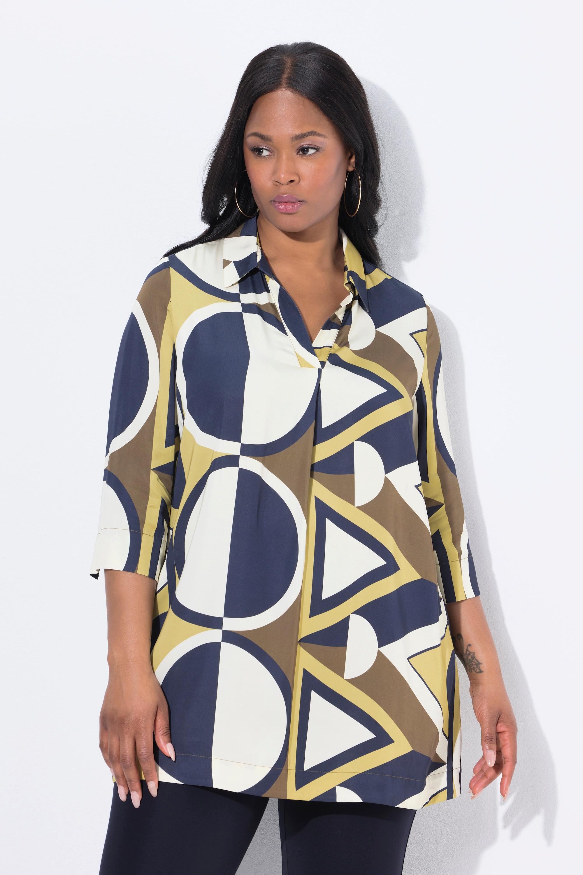 Ulla Popken Tunica Raso Stampa Grafica Collo Camicia Maniche 3/4  