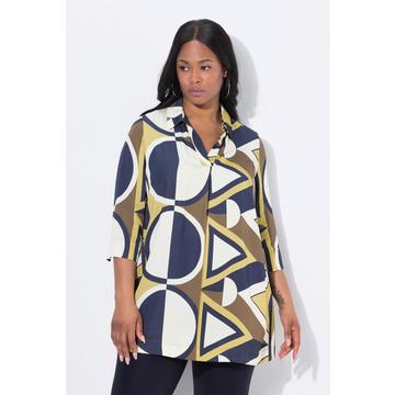 Tunica di raso con stampa grafica, collo da camicia e maniche a 3/4