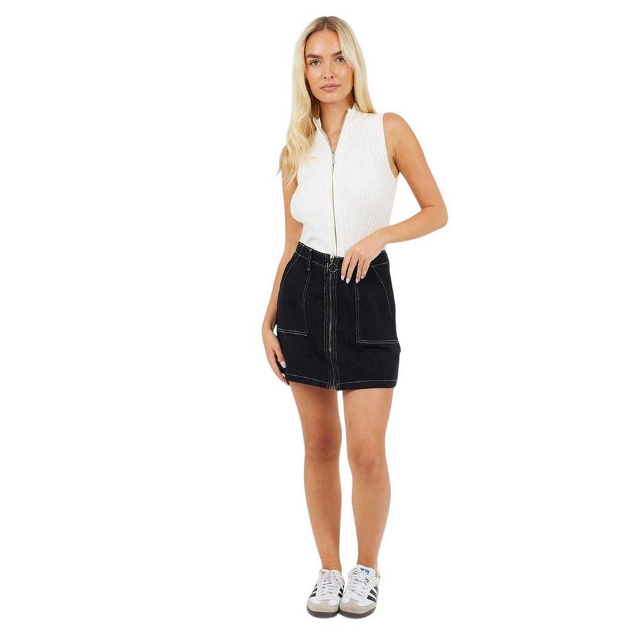 Brave Soul Mini Jupe en Denim Taille Haute avec Fermeture Éclair Avant  