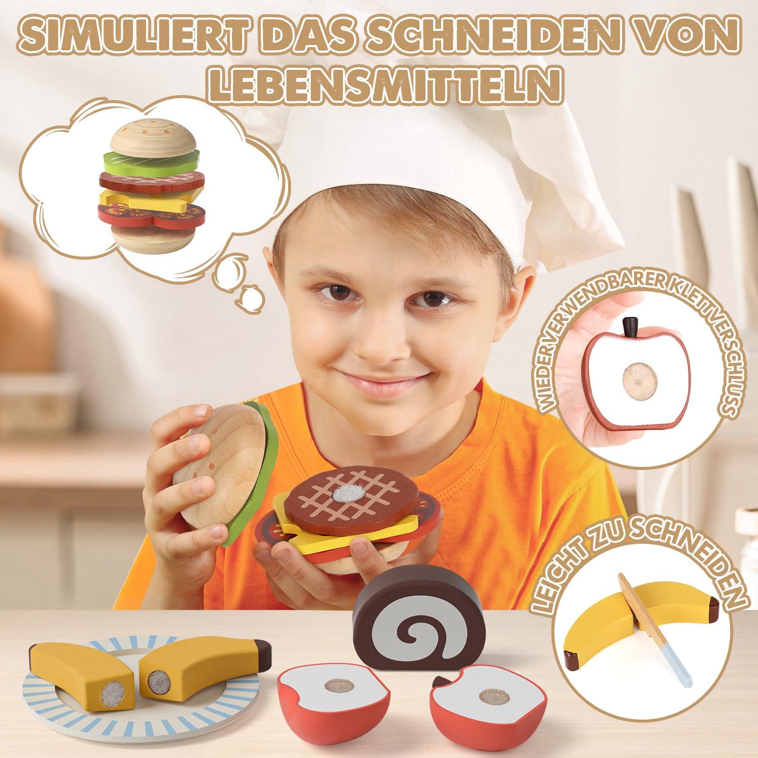 Activity-board  Accessoires de cuisine pour enfants en bois, accessoires de cuisine avec dessert aux fruits, jouet, jouet de pique-nique avec connexion Velcro, jouet en bois 