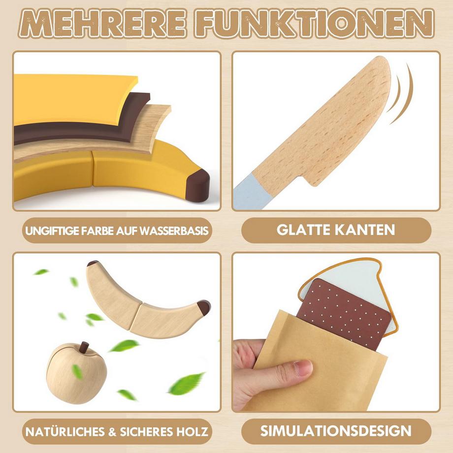 Activity-board  Kinderküchenzubehör Holz, Spielküchenzubehör mit Obstdessert, Spielzeug, Picknickspielzeug mit Klettverschluss, Holzspielzeug 