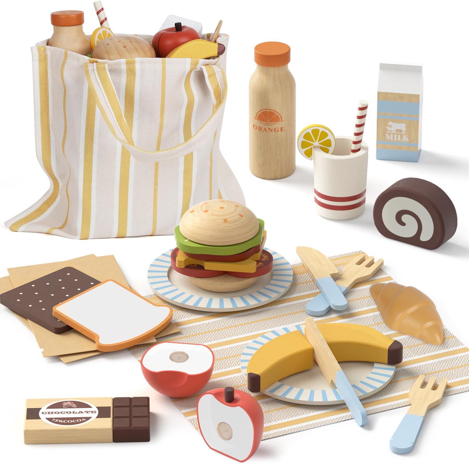 Activity-board  Accessoires de cuisine pour enfants en bois, accessoires de cuisine avec dessert aux fruits, jouet, jouet de pique-nique avec connexion Velcro, jouet en bois 