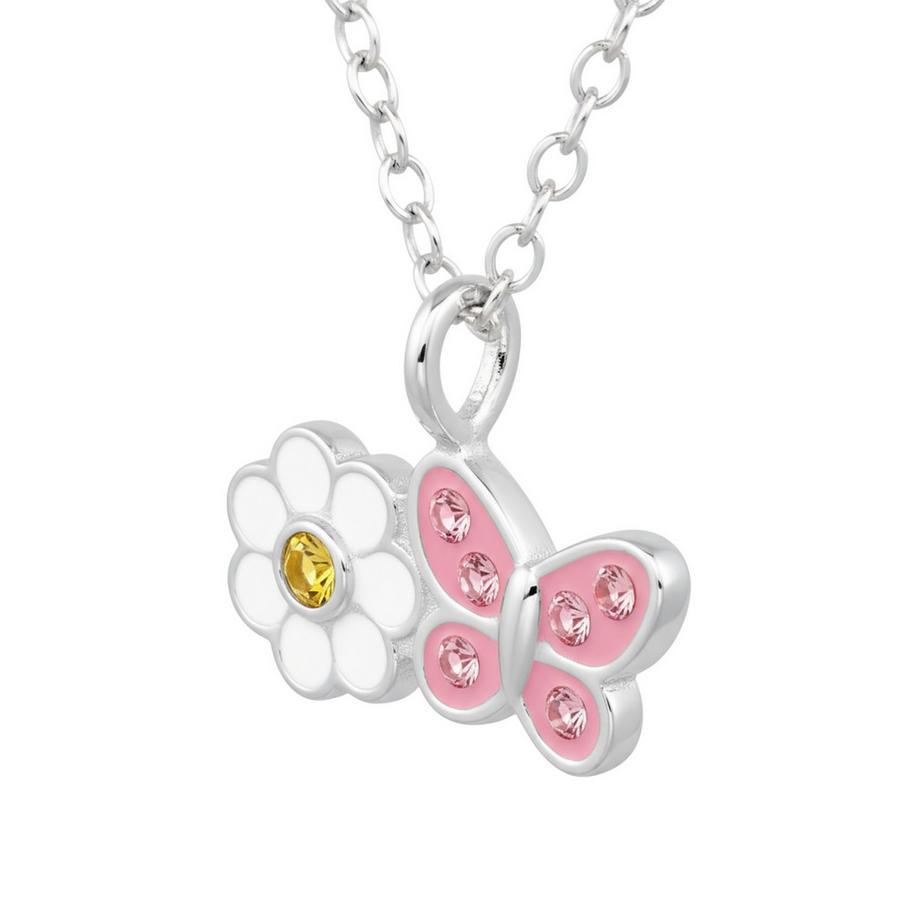 Maxte  Halskette GänseblümchenBlume mit Schmetterling aus Sterling  mit Kristall und Epoxidharz 