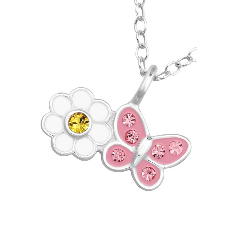 Maxte  Halskette GänseblümchenBlume mit Schmetterling aus Sterling  mit Kristall und Epoxidharz 