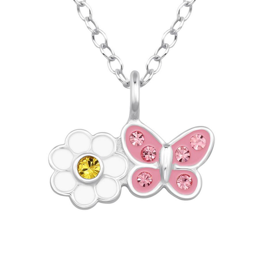 Maxte  Halskette GänseblümchenBlume mit Schmetterling aus Sterling  mit Kristall und Epoxidharz 